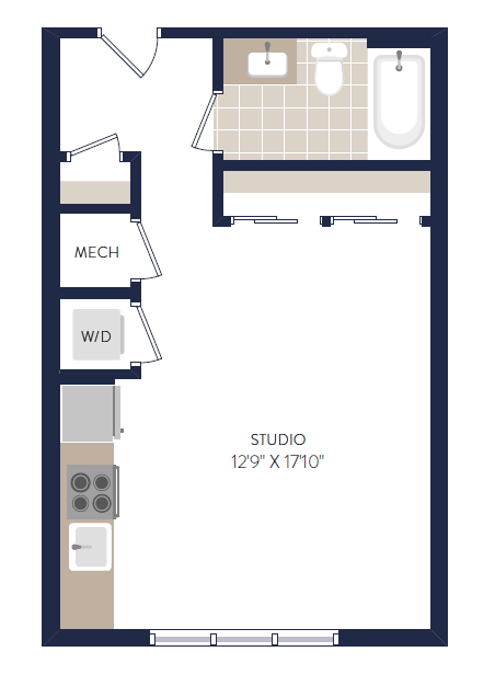 Floor plan for studio, 1 bath, 422 sqft